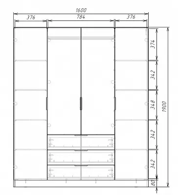 картинка Шкаф ЭКОН распашной 4-х дверный с 3-мя ящиками с 2-мя зеркалами от магазина КУПИ КУПЕ
