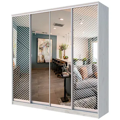 картинка Шкаф-купе 4-х дверный ХИТ с пескоструйным рисунком Диагональные полосы №21-24 с зеркалом от магазина КУПИ КУПЕ