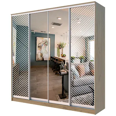 картинка Шкаф-купе ХИТ 4-х дверный с пескоструйным рисунком Диагональные полосы №21-22 с зеркалом от магазина КУПИ КУПЕ