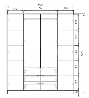 картинка Шкаф ЭКОН распашной 4-х дверный 3-мя ящиками с 4-мя зеркалами от магазина КУПИ КУПЕ