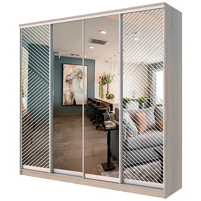 картинка Шкаф-купе ХИТ 4-х дверный с пескоструйным рисунком Диагональные полосы №21-22 с зеркалом от магазина КУПИ КУПЕ