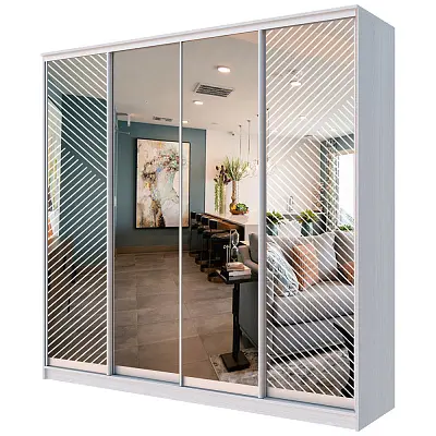 картинка Шкаф-купе ХИТ 4-х дверный с пескоструйным рисунком Диагональные полосы №21-22 с зеркалом от магазина КУПИ КУПЕ