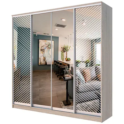 картинка Шкаф-купе 4-х дверный ХИТ с пескоструйным рисунком Диагональные полосы №21-24 с зеркалом от магазина КУПИ КУПЕ