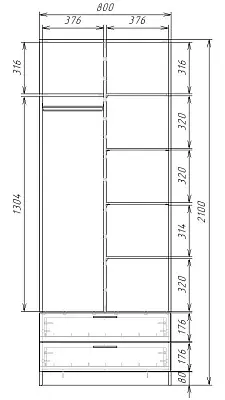картинка Шкаф ЭКОН распашной 2-х дверный с 2-мя ящиками с полками и штангой с 2-мя зеркалами от магазина КУПИ КУПЕ