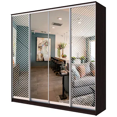 картинка Шкаф-купе ХИТ 4-х дверный с пескоструйным рисунком Диагональные полосы №21-22 с зеркалом от магазина КУПИ КУПЕ