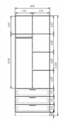 картинка Шкаф ЭКОН распашной 2-х дверный с 3-мя ящиками с полками и штангой с 2-мя зеркалами от магазина КУПИ КУПЕ