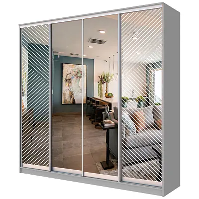 картинка Шкаф-купе ХИТ 4-х дверный с пескоструйным рисунком Диагональные полосы №21-22 с зеркалом от магазина КУПИ КУПЕ