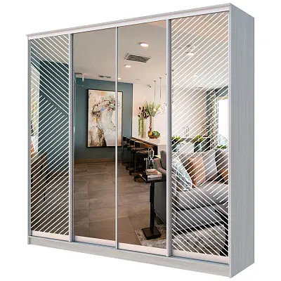 картинка Шкаф-купе 4-х дверный ХИТ с пескоструйным рисунком Диагональные полосы №21-24 с зеркалом от магазина КУПИ КУПЕ