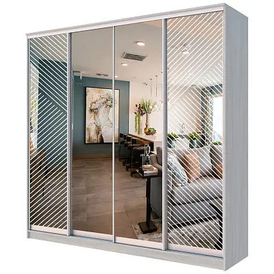 картинка Шкаф-купе ХИТ 4-х дверный с пескоструйным рисунком Диагональные полосы №21-22 с зеркалом от магазина КУПИ КУПЕ