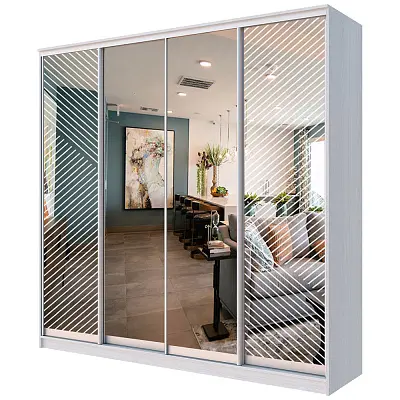 картинка Шкаф-купе 4-х дверный ХИТ с пескоструйным рисунком Диагональные полосы №21-24 с зеркалом от магазина КУПИ КУПЕ